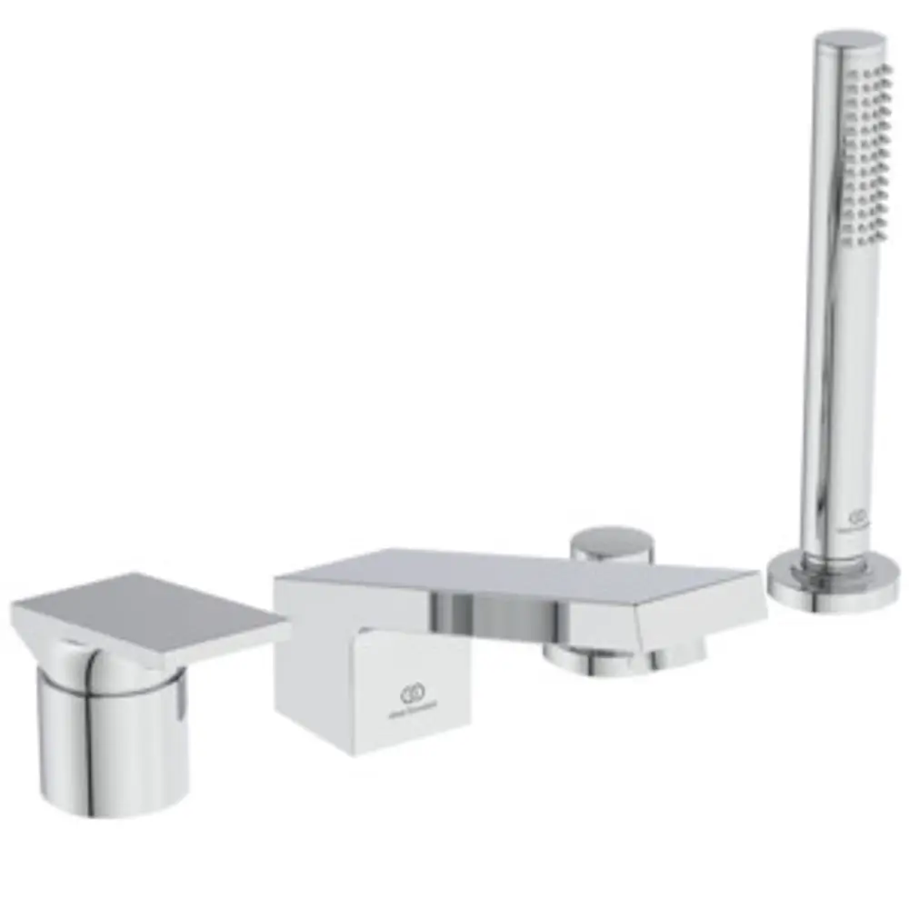 Chromfarbene 4-Loch-Badearmatur mit separatem Wasserhahn für die Wanne, hergestellt von Ideal Standard. Design mit klaren Linien und funktionalem Auslauf.